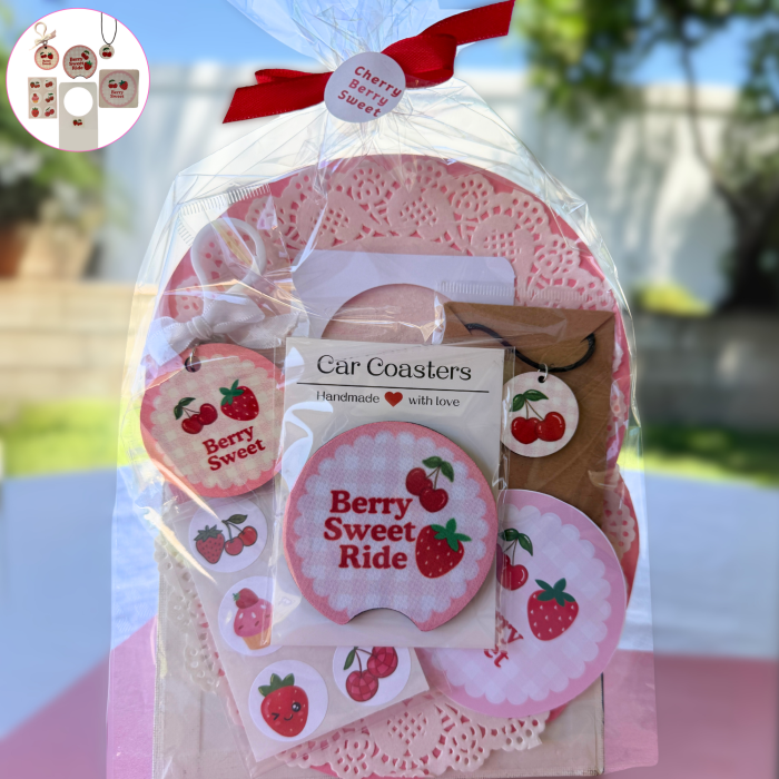 Berry Sweet Gift or Party Favor Bag – Cherry Theme – Includes Kids Car Coaster