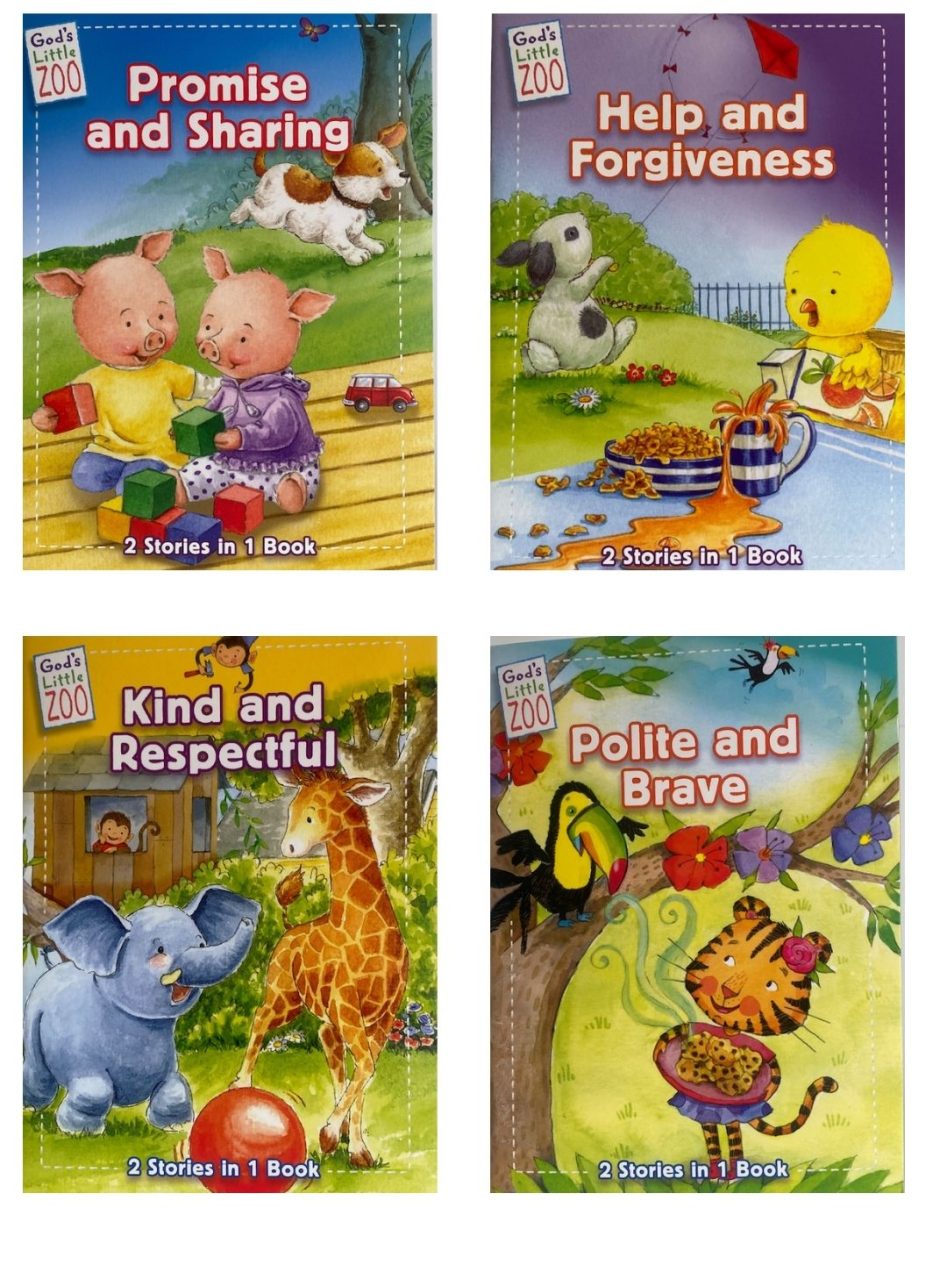 Set of 4 God's Little Zoo books - Kind & Respectful, Polite & Brave, Promise & Sharing, Help & Forgiveness