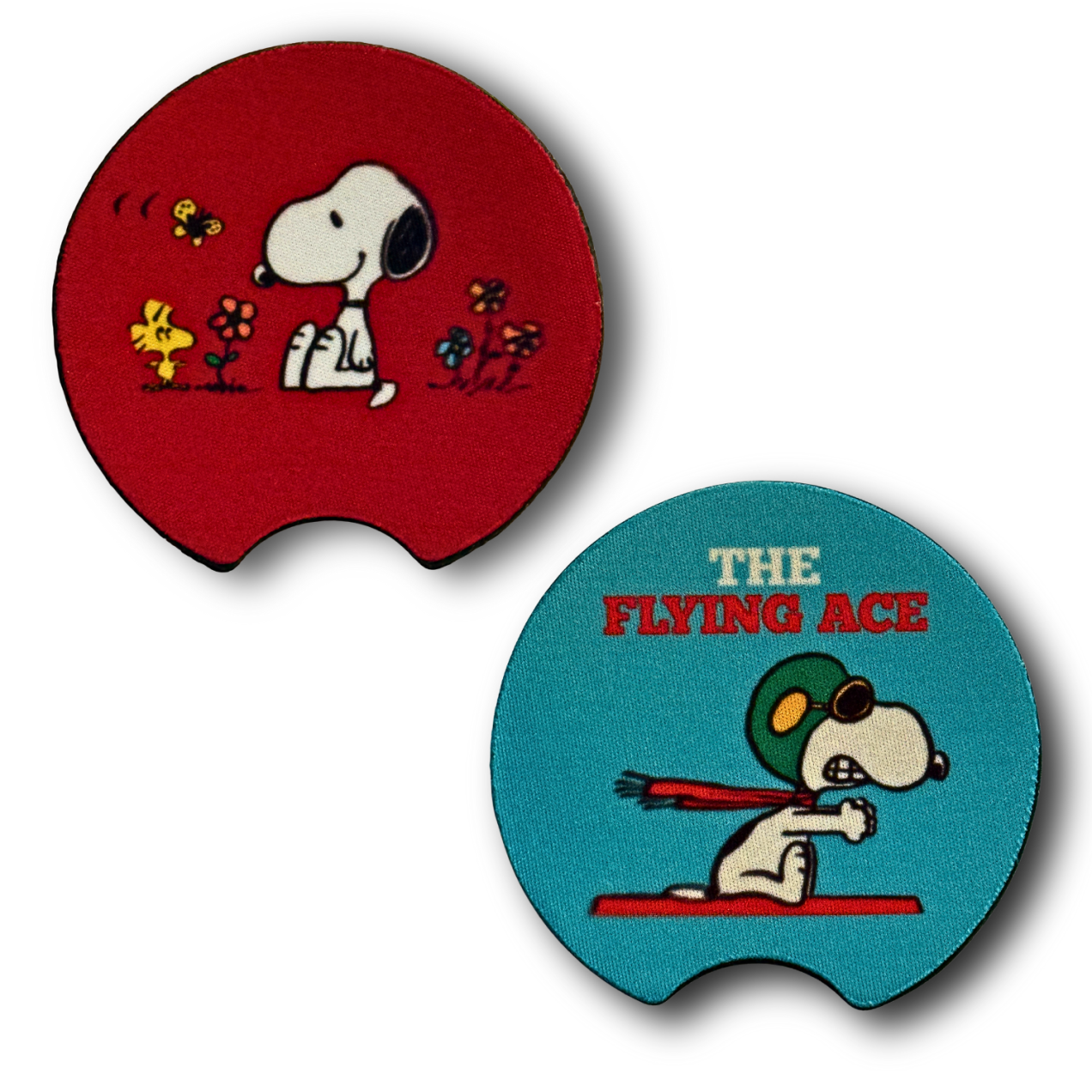 Snoopy & Woodstock Car Coasters – Flying Ace + Red with Flowers - set of 2