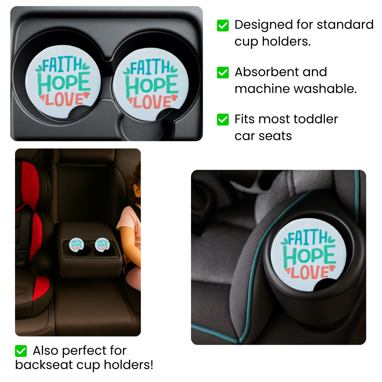Faith Hope Love Christian Car Coasters - set of 2 pastel - Image 2