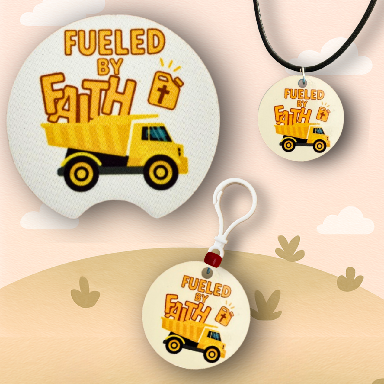 Dump Truck Fueled by Faith Christian Gift Set – Car Coaster, Necklace & Clip – Faith-Based 3-Piece Set