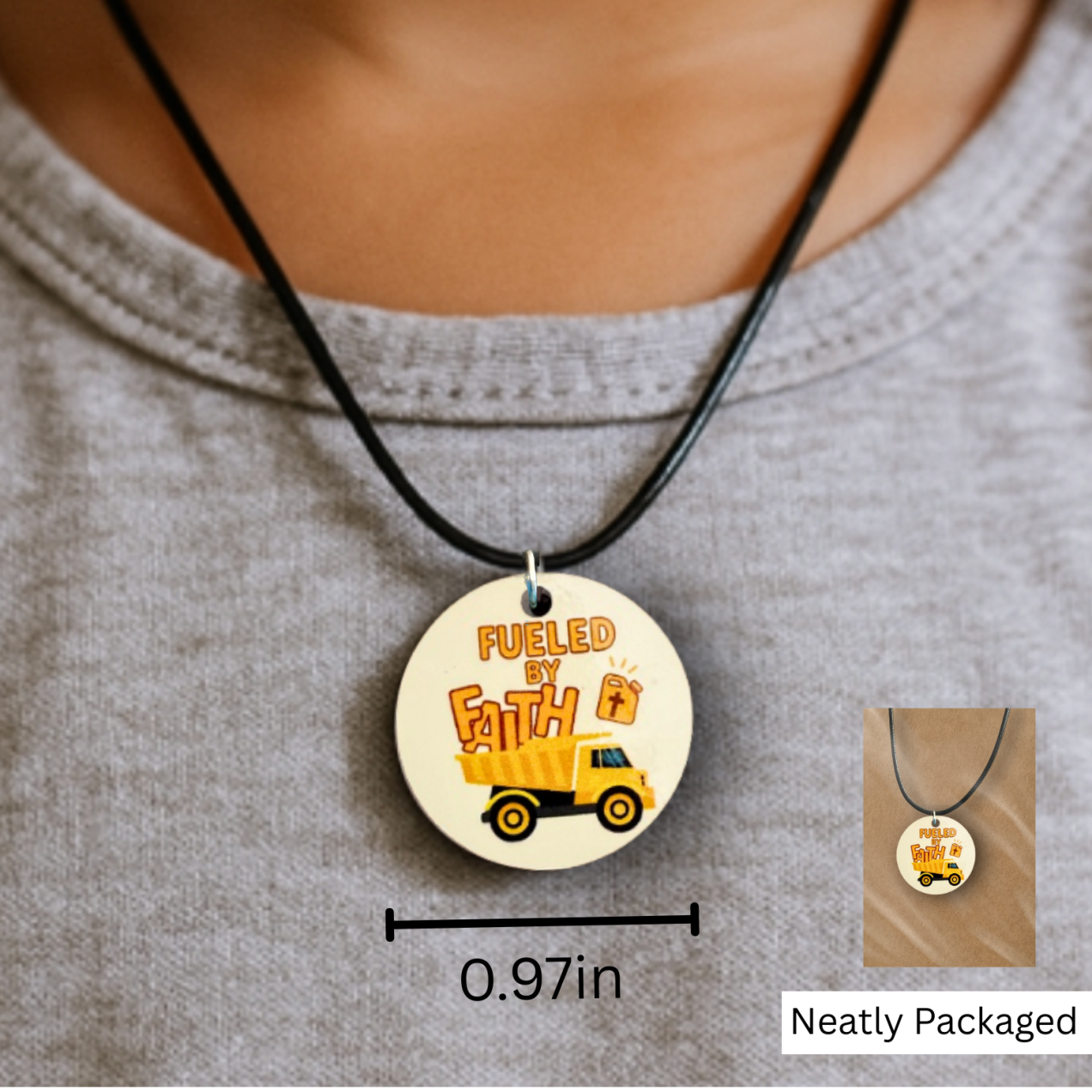Dump Truck Fueled by Faith Christian Gift Set – Car Coaster, Necklace & Clip – Faith-Based 3-Piece Set - Image 3