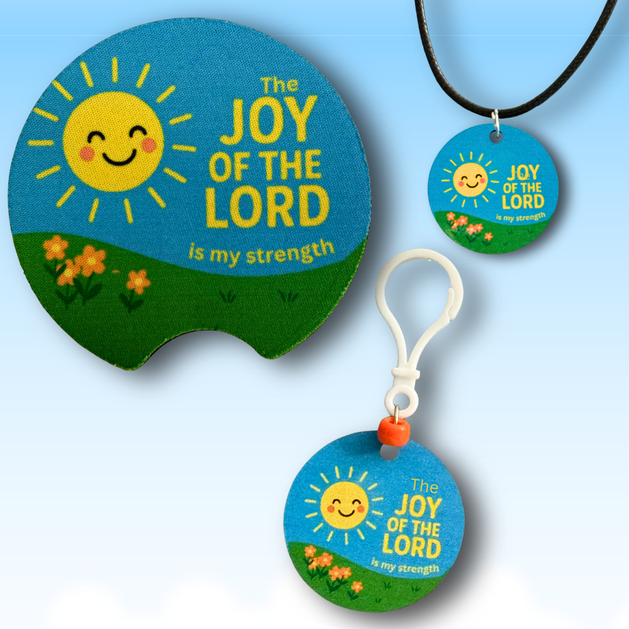 Joy of the Lord 3-Piece Gift Set – Car Coaster, Keychain, and Necklace – Christian Party Favor for Kids