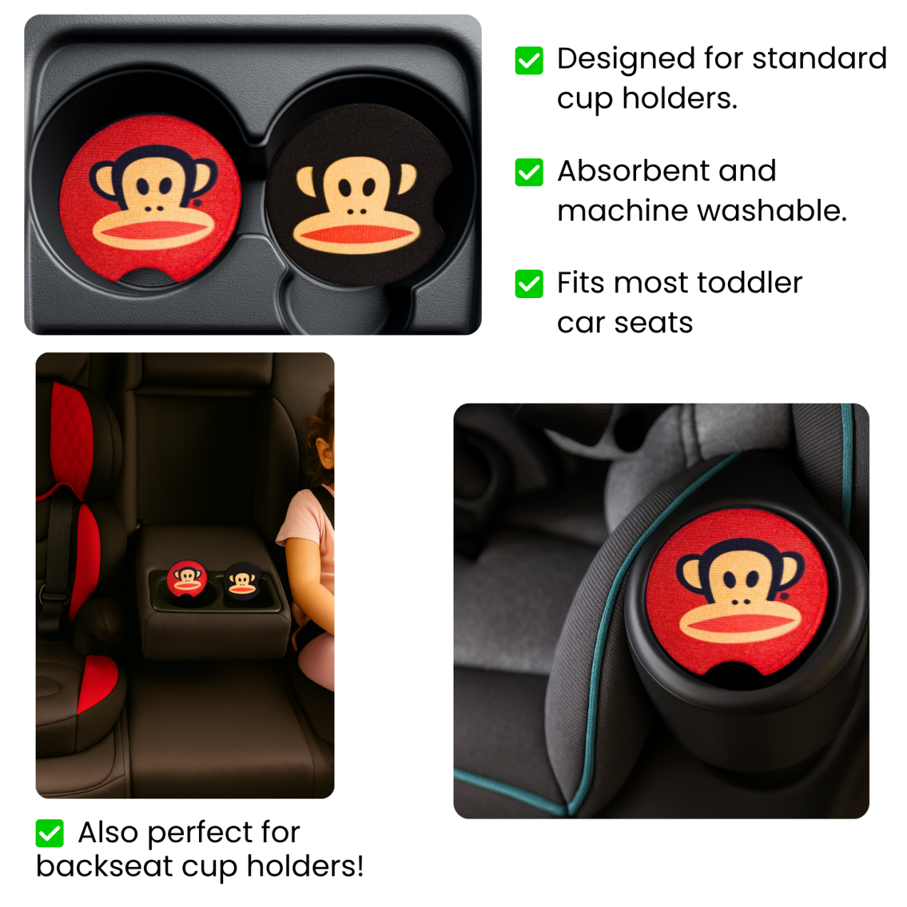 Retro Paul Frank Julius Monkey Car Coasters Set of 2 – Red & Black Cup Holder Accessories - Image 2